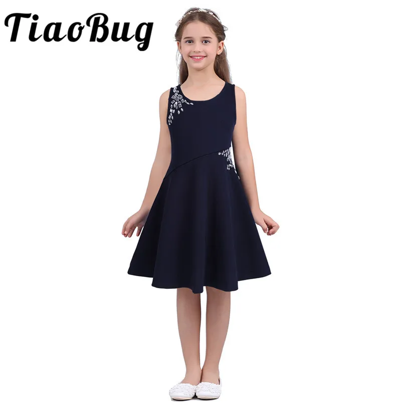 

Tiaobug Flower Girls Dresses Sleeveless Rhinestones Embellished Children's Clothing Party Princess Kids First Communion Dresses