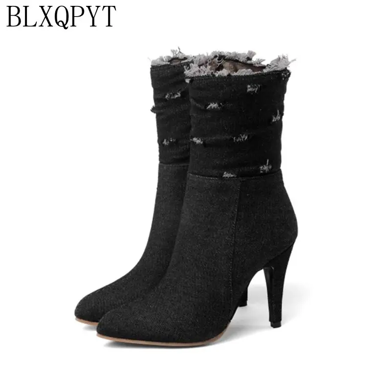 BLXQPYT Plus Big & Small Size 28-50 Denim  boot short Pointed Toe Women Autumn winter High Heels Wedding Shoes Woman Y72