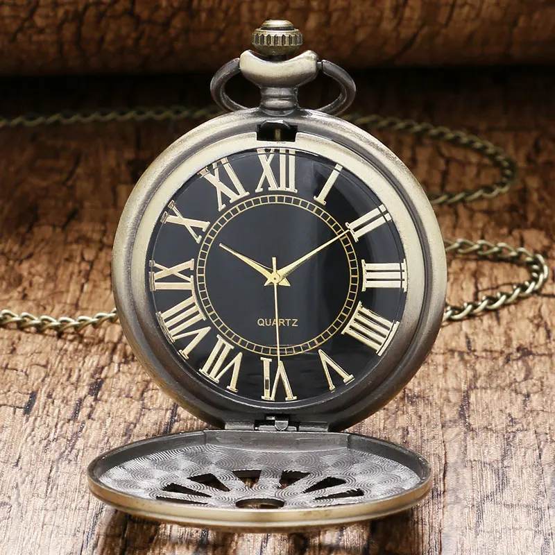 Vintage Bronze Hollow Wheel Gear Case Quartz Pocket Watch Roman Numerals Men Women Necklace Pendant Chain Birthday Gift P317