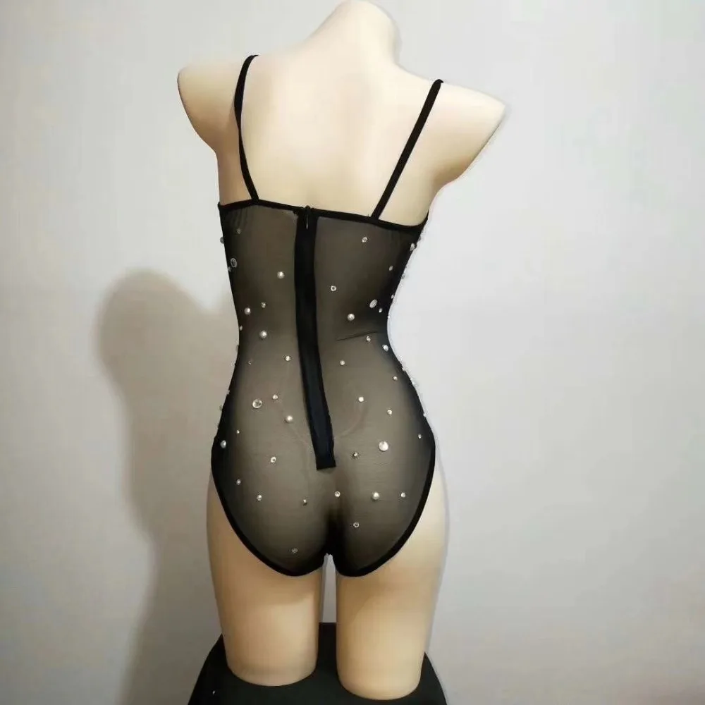 Nightclub Stage Costume Black Sparkly Rhinestones Bodysuit Sexy See-through Jumpsuit Bar DJ Singer Teams Jazz Dance Stage Wear