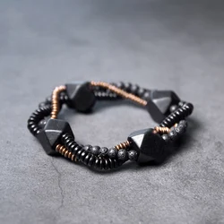 Men's Black Ebony & Lava Stone Bracelet Set Copper Alloy Beaded Double Layer Bracelet Vintage Punk Jewelry Brass Rock Jewelry