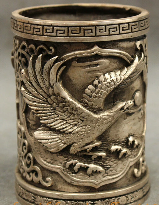 decoration Tibet copper silver   Chinese Silver Bird Fly Eagle Hawk Pine Tree Statue Brush Pot Barrel Pencil Vase