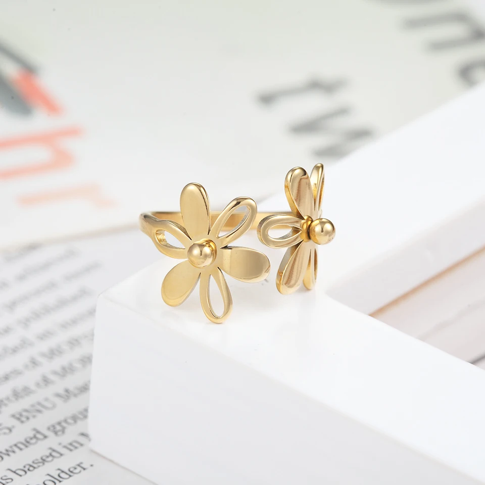 BORASI Top Quality Trendy Stainless Steel Double Flower Ring Wedding Female New Party Girl A Good Gift Rings For Women