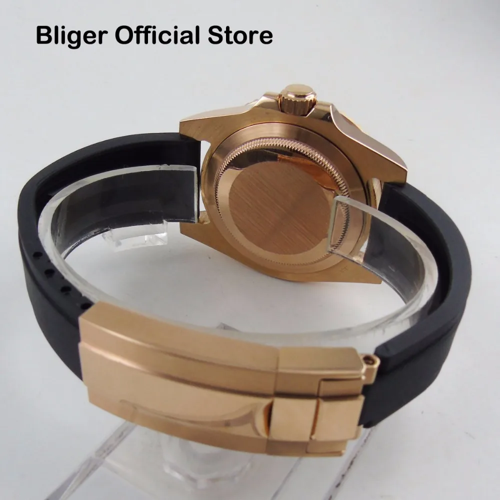 Imagem -06 - Bliger-relógio Automático com Caixa em Ouro Rosa para Homens Moldura de Cerâmica Coroa Parafuso Mostrador Estéril Rubber Strap 24 Jewels Nh35 Pt5000