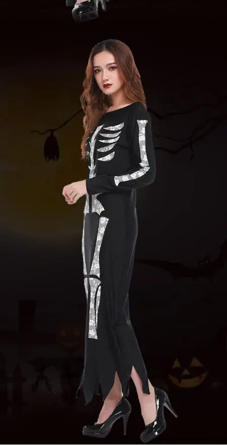 Womens Halloween Skull Skeleton Bones Zip Back Bodycon Jumpsuit Costume M,XL