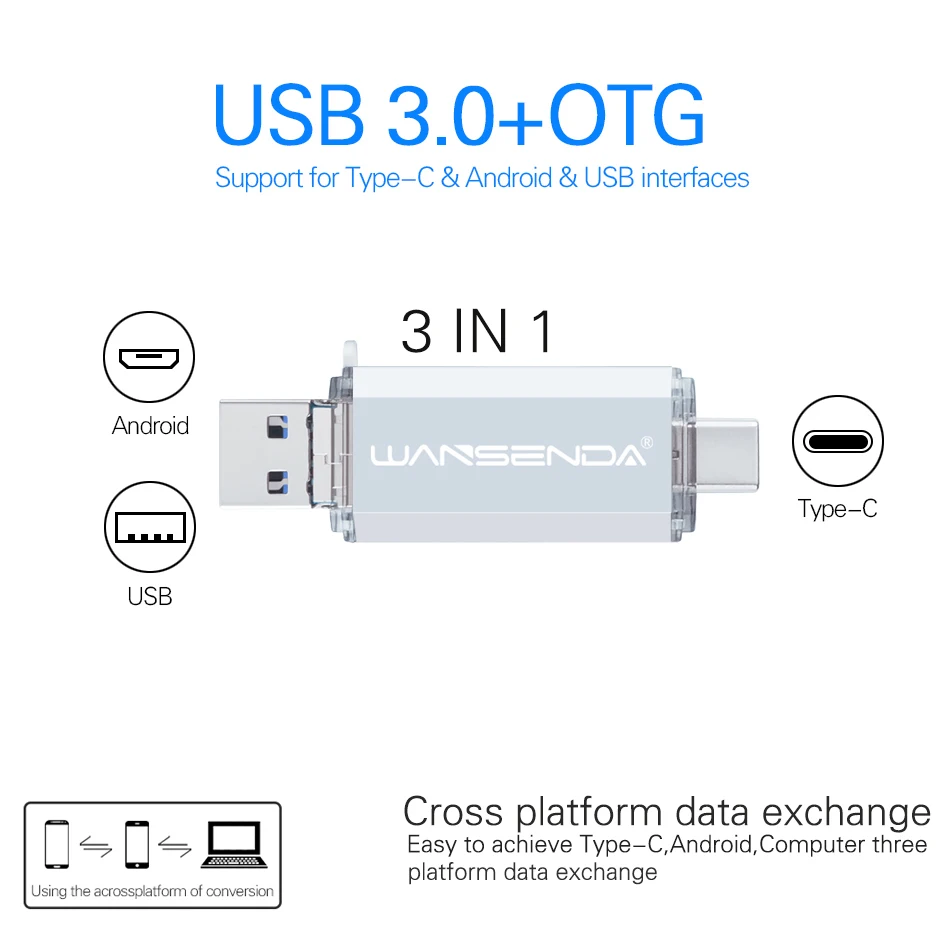 WANSENDA-unidad Flash USB tipo C y MicroUSB 3,0, 256GB, 128GB, 64GB, 32GB, disco de memoria de alta velocidad, venta al por mayor, 10 unidades por lote