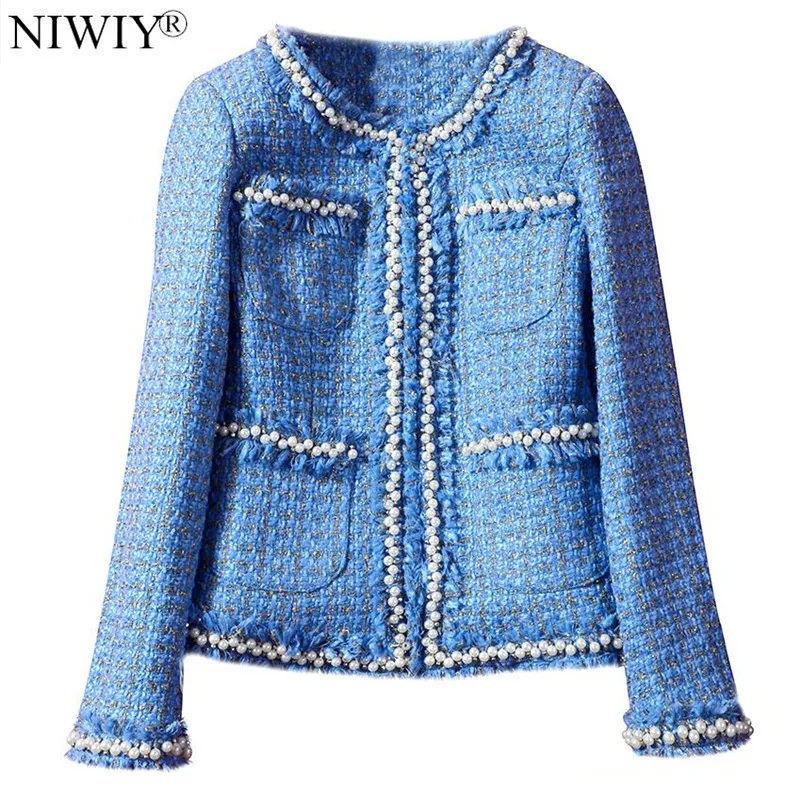 

NIWIY Brand Long Sleeve Blue Bead Tweed Jacket Abrigos Mujer Invierno 2022 Autumn Luxury Women Jacket Manteau Femme Hiver K9406