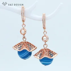 S&Z DESIGN New Blue Black Onyx Agates Round Natural Stone Dangle Earrings For Women 585 Rose Gold Color Jewelry Gift
