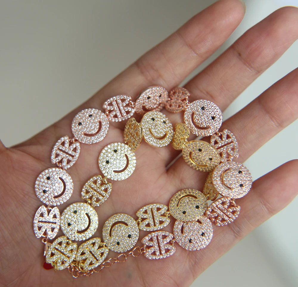 Hot Brand Woman 2017 new Sparking micro pave clear zirconia Happy face happy link chain unique stylish bracelet
