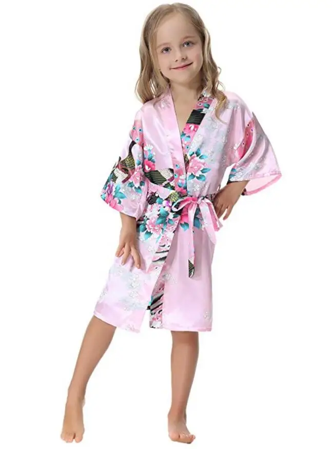 Kids Robe Satin Children summer Kimono Bath Robes Bridesmaid Flower Girl Dress Silk children\'s bathrobe Nightgown Peacock robe