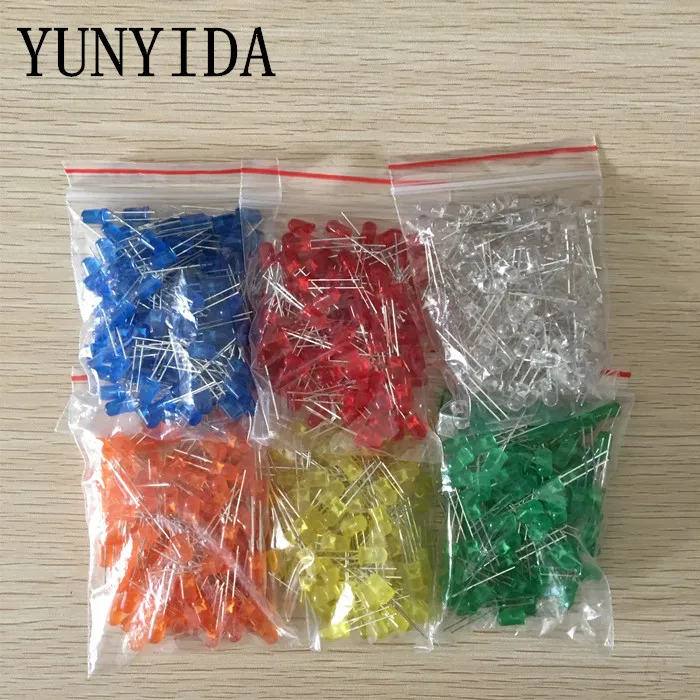 600pcs(6 colors x 100pcs) White Red Green Blue Yellow Orange 5mm LED Diffused Light-Emitting Diode  3V Lamp Assorted Kit Set