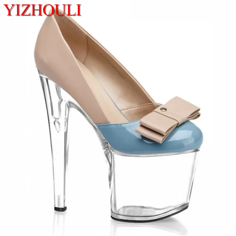 The new 20 cm high heels for fashion models, club bar runway show pole dancing performance bow decorative single shoes