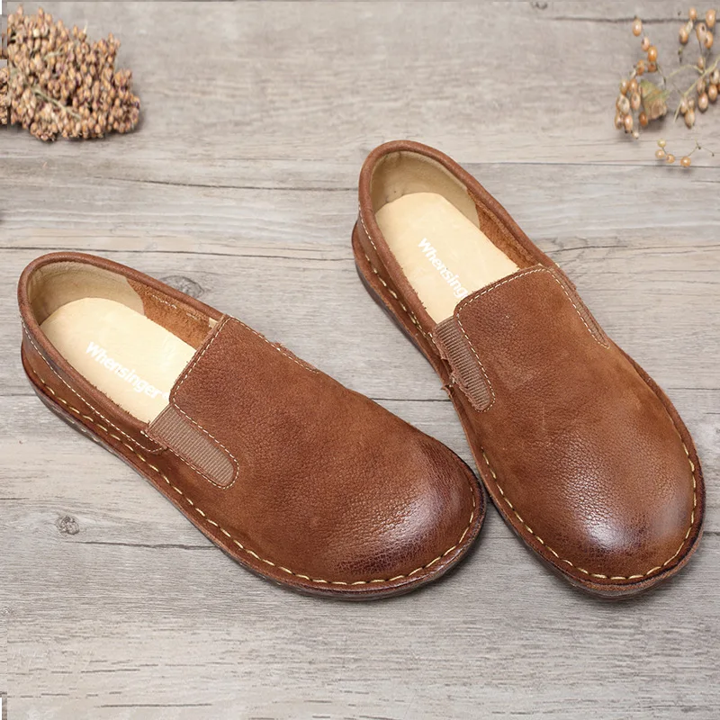Whensinger -2023 Genuine Leather Women's Flat Shoes Casual Loafers Slip On Women Shoes Flats Soft Moccasins Lady Driving Shoes