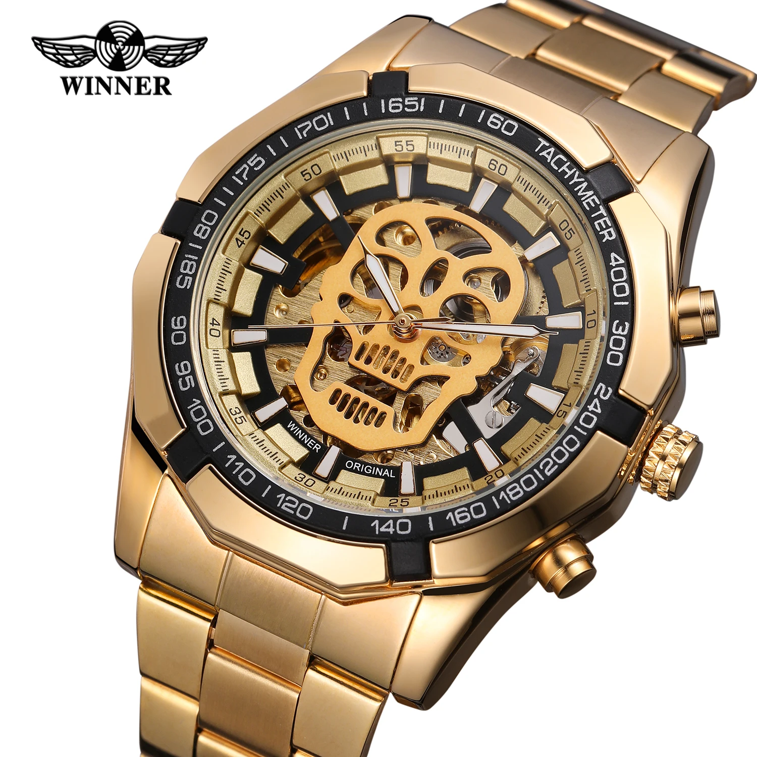 Fashion WINNER Top Steampunk Skull Auto Mechanical Watch Men Black Stainless Steel Strap Skeleton Dial Cool Design Wrist Watches