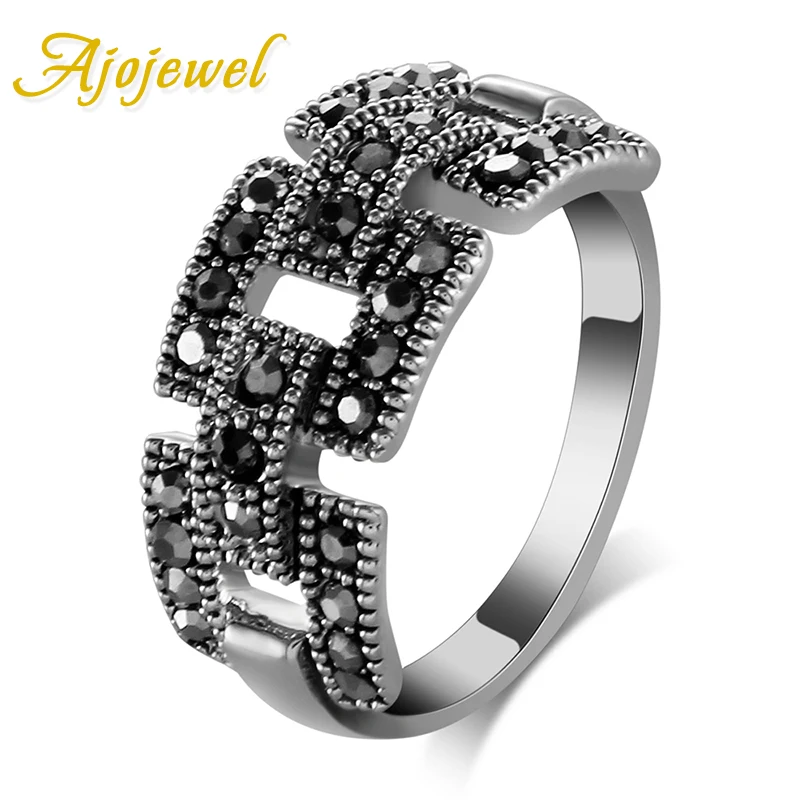 Ajojewel Brand Quality Fashion CZ Female Jewelry Retro Vintage Link Ring Black For Women Size 7,8,9