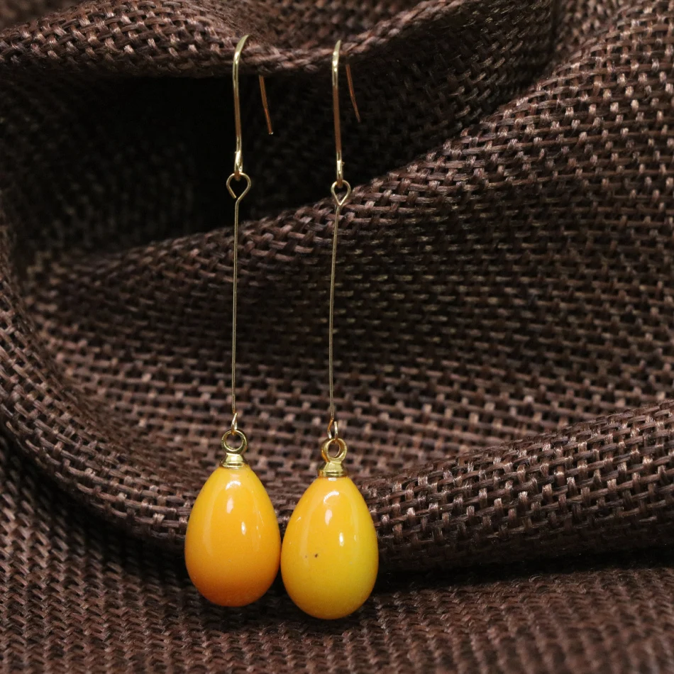 Unique design yellow baking paint glass 9*13mm long earrings fashion women party dangle eardrop jewelry B1800