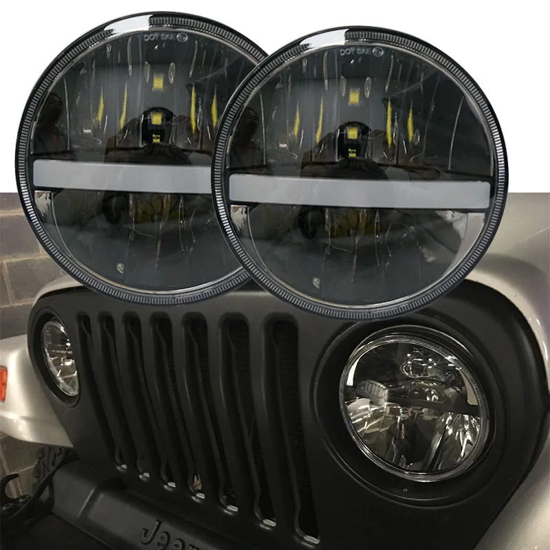 For Jeep Wrangler JK Headlight 7 Inch Round LED Headlight Replacement 12V 24V H4 Plug headlamp White DRL Amber Turn Signal