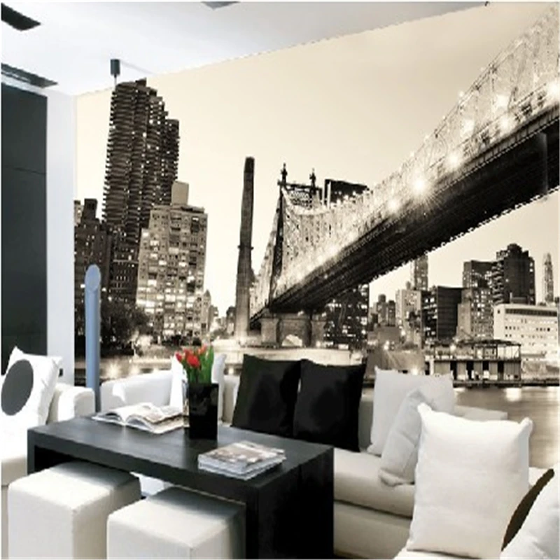 beibehang Black and white panorama of New York City Night mural living room TV backdrop 3D wallpaper vintage vinyl wallpaper