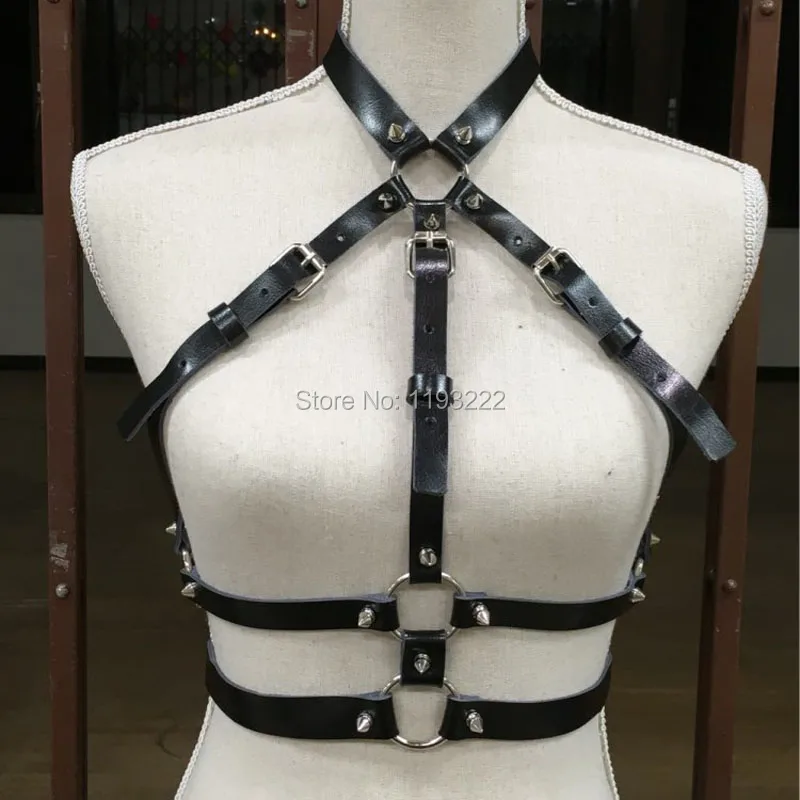 Punk Gothic Cosplay 100% Handcrafted Leather Women Harness Spikes Choker Halter Collar Bra Caged Body Belt Sculpting Straps