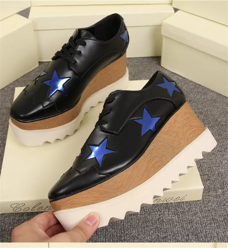 Shiny Five-pointed Stars Flat Platform Women Shoes Square Toe Lace Up Leather Wedges British Style Casual Shoes Woman