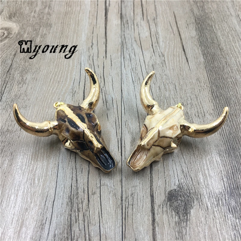 Buffalo Cattle Skull BOHO Pendant With Gold Electroplated Trim, Long Horn Cattle Skull Charm Pendant  45*23 mm MY1542