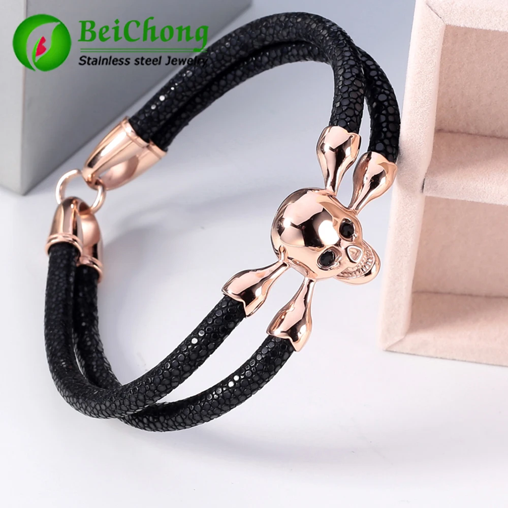 Fashion Jewelry Men\'s Bracelet Black Stingray Bracelet Men Genuine Leather Stingray Bracelet Skull Bracelet Men