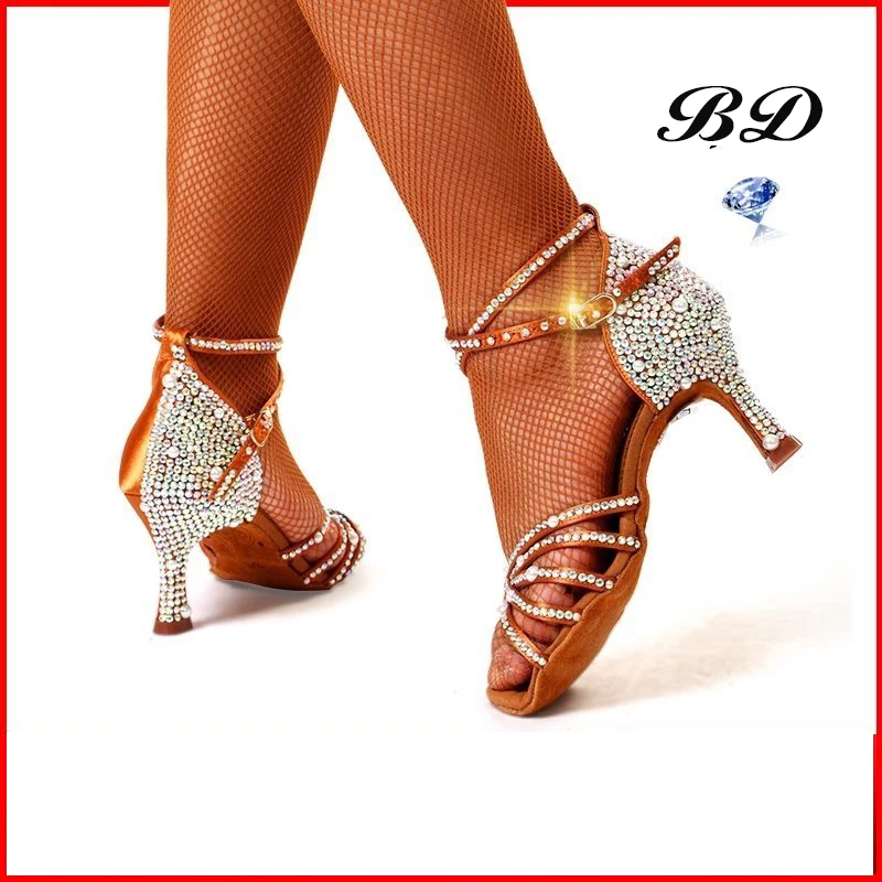 SALSA High Quality Dance Shoes Brand Party Ballroom Latin Girl Sports With Diamond Brown Dancing Discount BD 217 Thin Heels