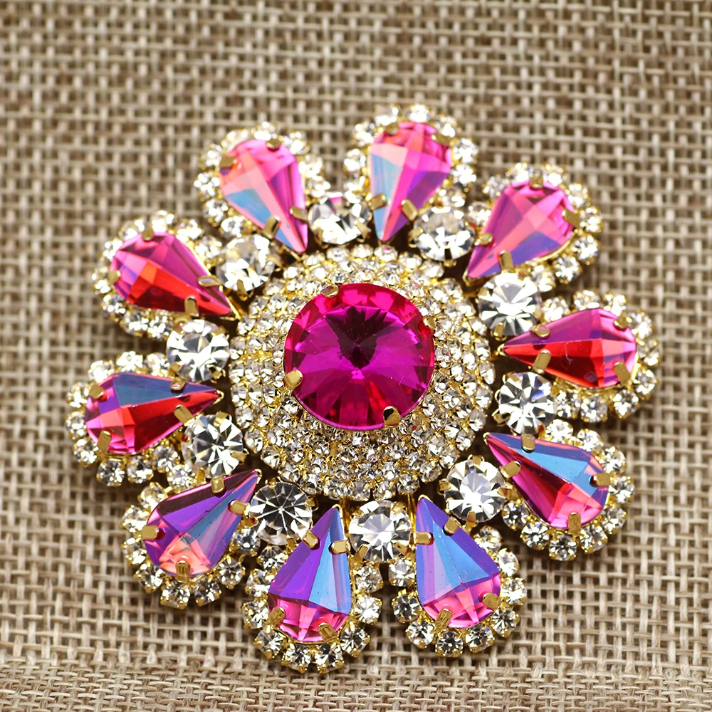 55mm colorful Round Flower Shape sew on rhinestone with golden claw setting Rhinestone Buttons for clothing Dress decoration