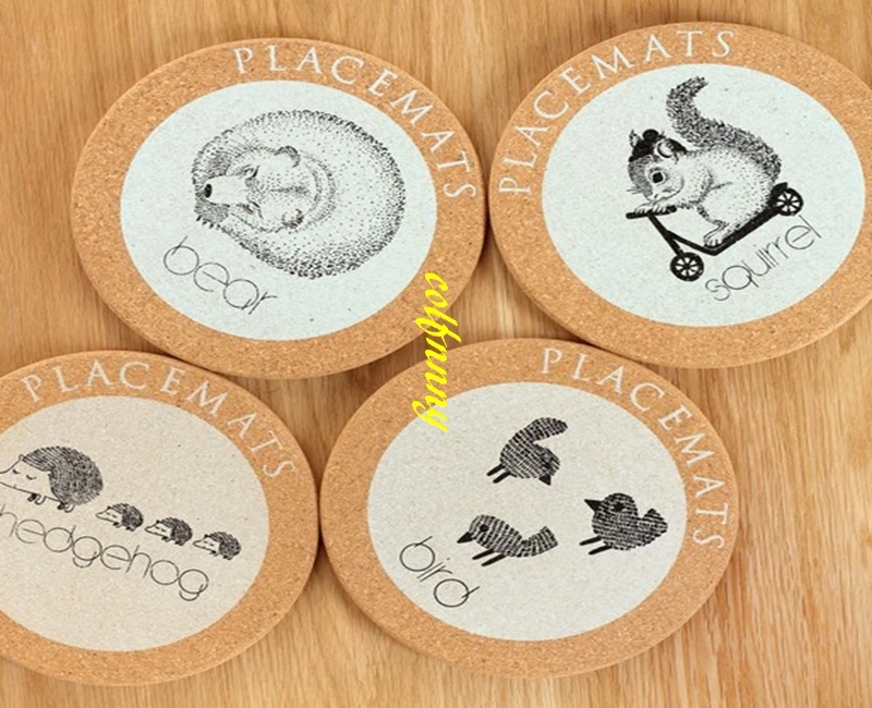 50pcs/lot 17cm Animal Style Round Cork Drink Coaster Coffee Cup Mat Tea Pad Placemat insulation cushion Table Decor