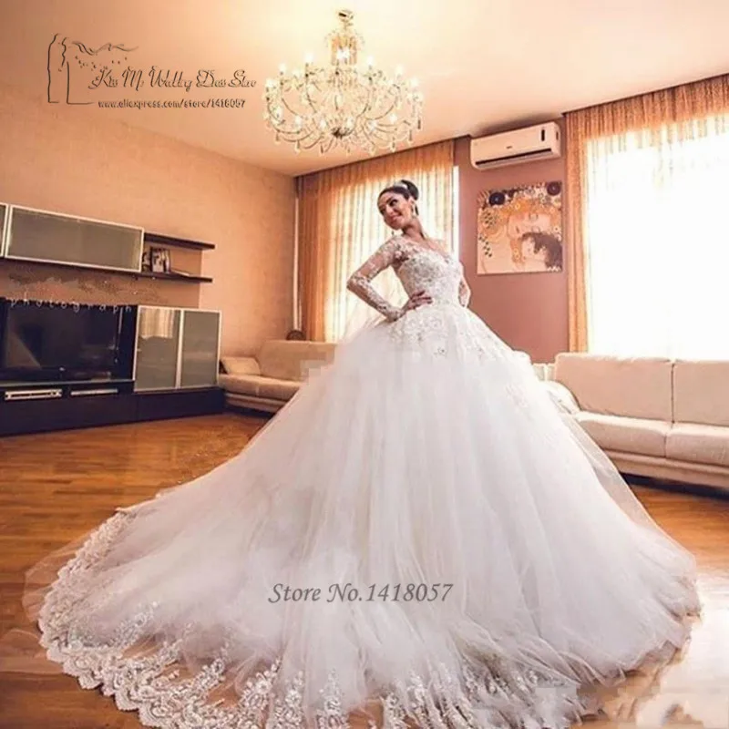 Vestido de Boda de manga larga, de encaje, lujoso, brillante, para baile, Princesa, Boda, 2017