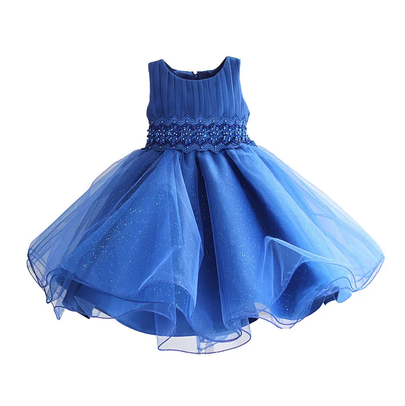 4 Color Pearl Sashes Blue Puched Girls Party Dress for Birthday Wedding Festival Vintage Lace Kids Girls Dresses 3-18M