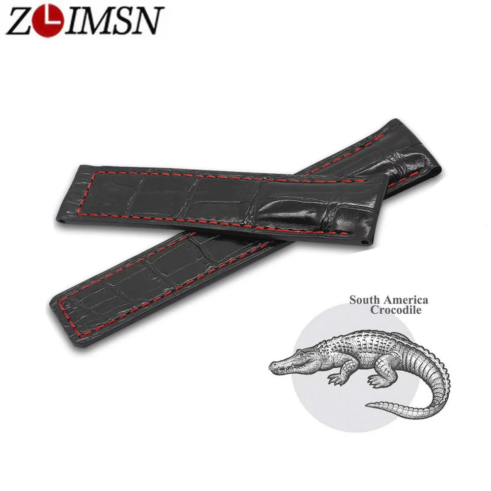 ZLIMSN New Handmade Bamboo Pattern Luxury Alligator Leather Watch Band Black Strap Red Line Can Be Customized Size 22mm 24mm