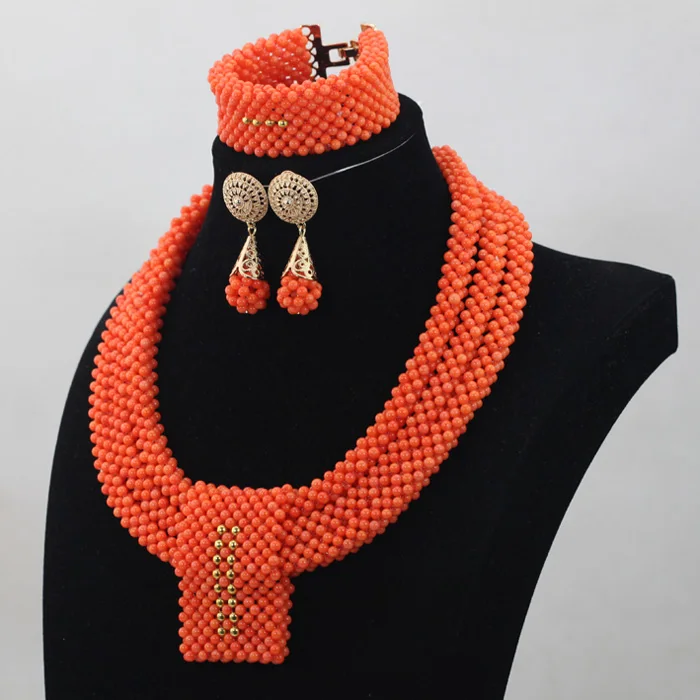 Coral Necklace Earrings Bracelet Set for Brides Fabulous Wedding African Coral Bib Statement Jewelry Set Women Costume ABH177