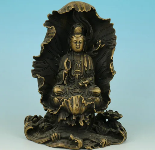 

China collection archaize brass Lotus leaf Guanyin bodhisattva Buddha statue