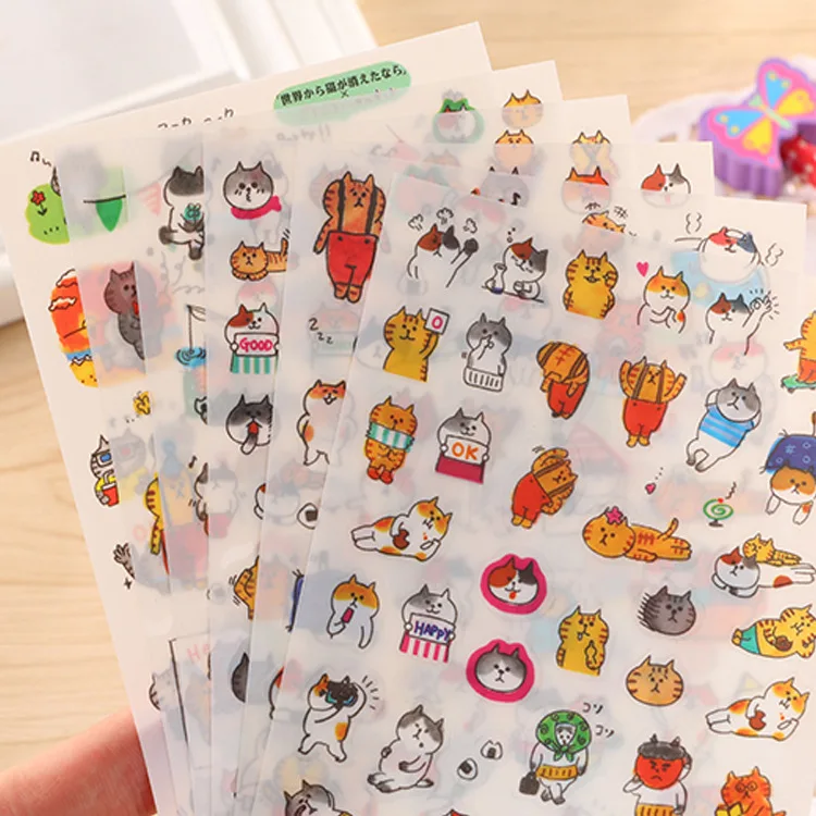 6 Sheets/Pack Various Cute Cats Decoration Scrapbooking Stickers Transparent PVC Stationery Planner Stickers