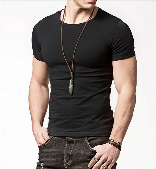 

Tight T-shirt Summer Men Cotton Man Breathable Slim Top Tees O-neck Outdoor elastic foce Sport Hiking Short Sleeves Shirt