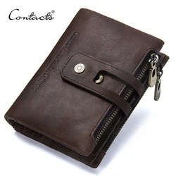 CONTACT'S Genuine Leather Men's Short Wallets Small Zipper Organizer Wallet Card Holder Money Clip Coin Purse Male Pocket Wallet