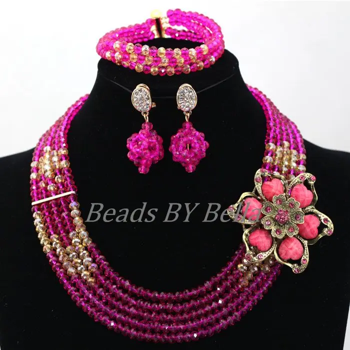 Fashion Fushia Pink Women Stylish Crystal Jewelry Accessories Nigerian Wedding African Beads Jewelry set Free Shipping ABL060