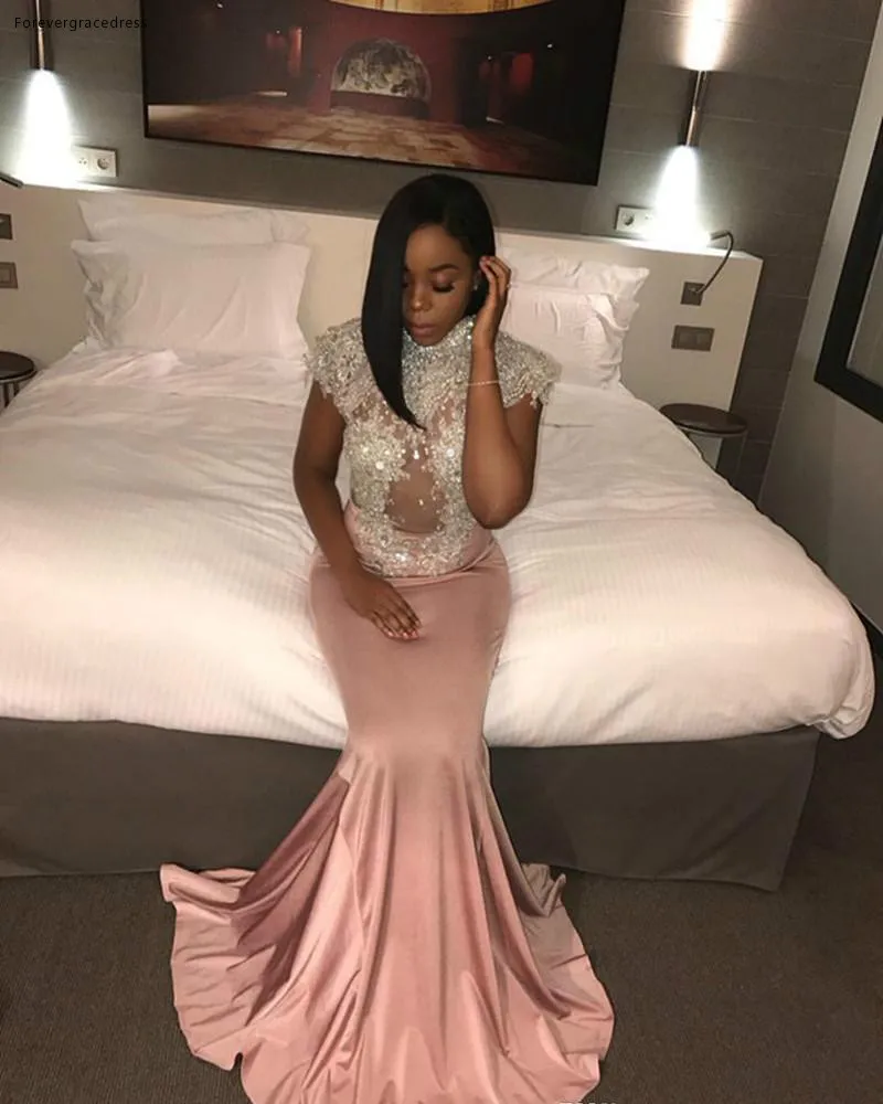 2019 Pink Mermaid Prom Dress Sexy Bling Bling High Neck Long Formal Holidays Wear Graduation Evening Party Gown Plus Size