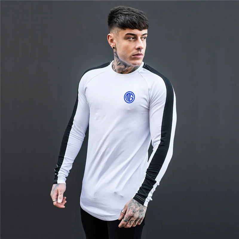 Muscleguys 2023 Spring Long Sleeve T Shirts Men Casual Slim Fit Letters Printed Fashion Patchwork Cotton Male Tops Pullover