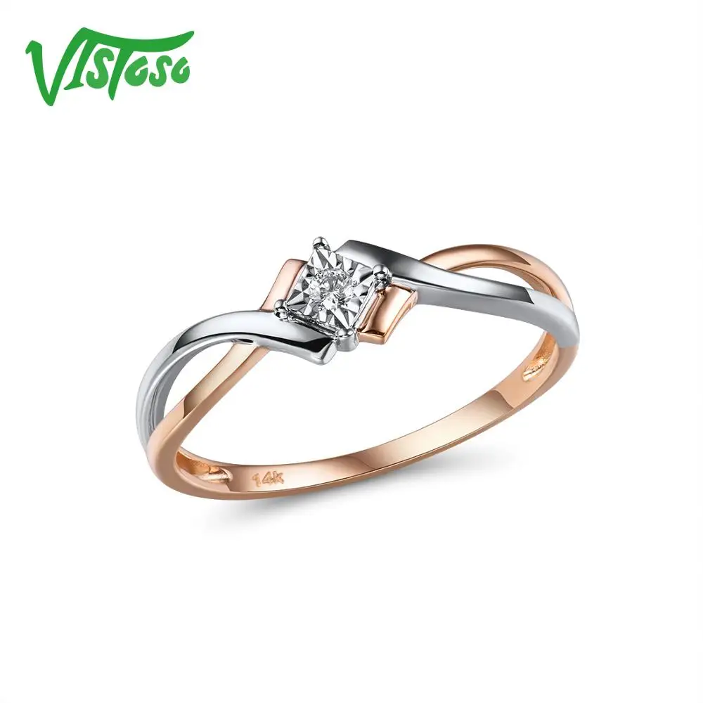 VISTOSO Pure 14K 585 Two-Tone Gold Sparkling Illusion-Set Miracle Plate Diamond Ring For Women Anniversary Trendy Fine Jewelry