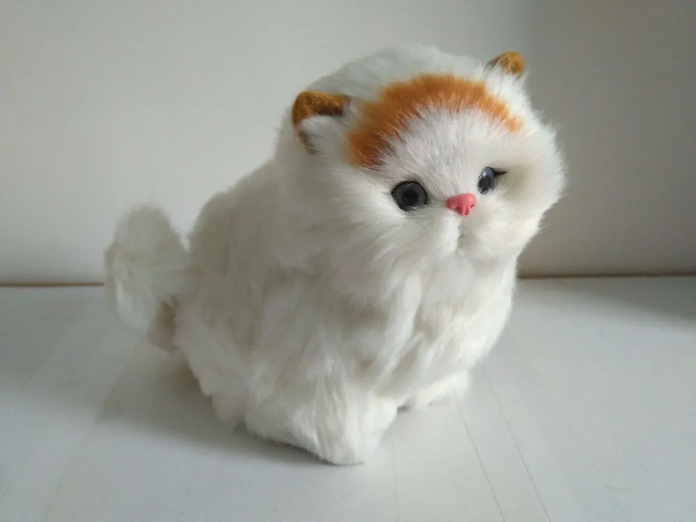 18x8x15cm white cat model,polyethylene&faux furs sounds miaow cat with yellow head handicraft,props,home decoration gift p0894
