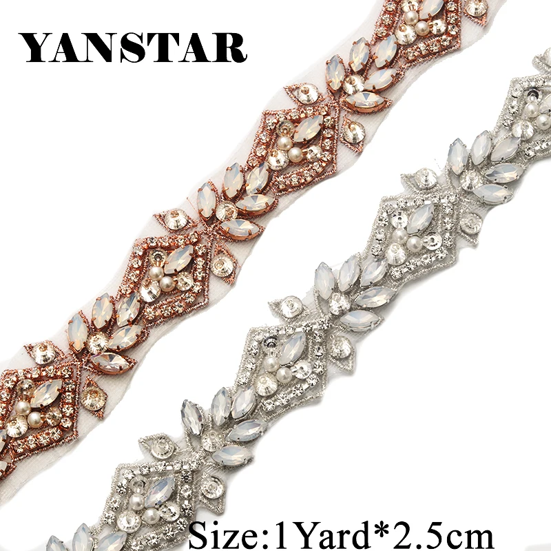 YANSTAR  Wholesale  Rhienstone Applique Crystal  By 2.5CM*10Yards Bridal  Belt  opal beads Trim For Wedding Dress Belt YS912