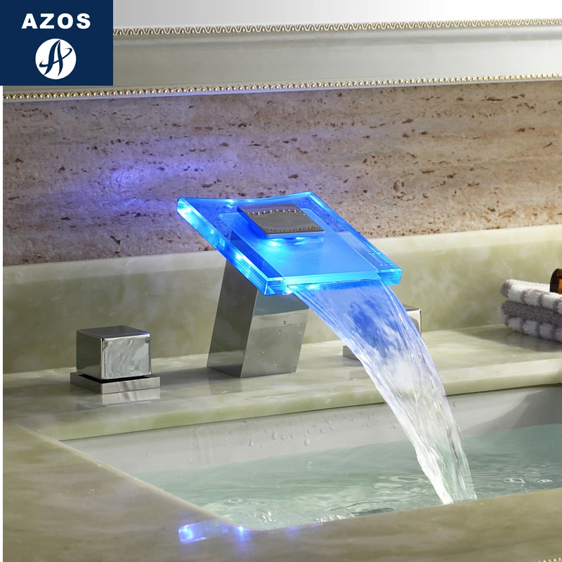 Azos Split FaucetDiscoloration Waterfall Brass Chrome Cold and Hot Switch Temperature Control LED Shower Room Basin Bathroom Cab