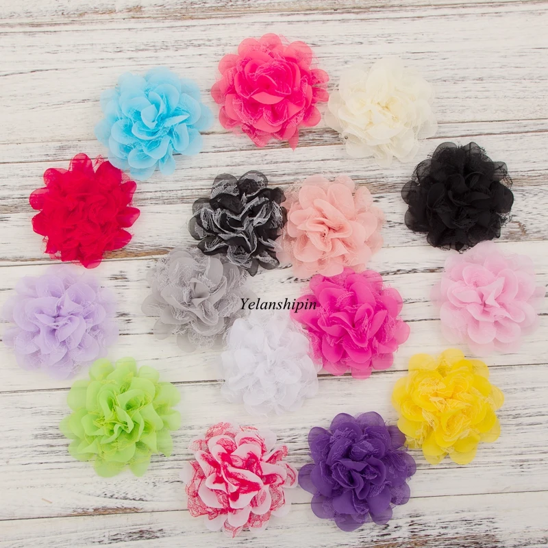 

120pcs/lot 4.1" 17colors Hair Clips Shabby Lace Mesh Chiffon Flower For Kids Girls Hair Accessories Fabric Flowers For Headbands