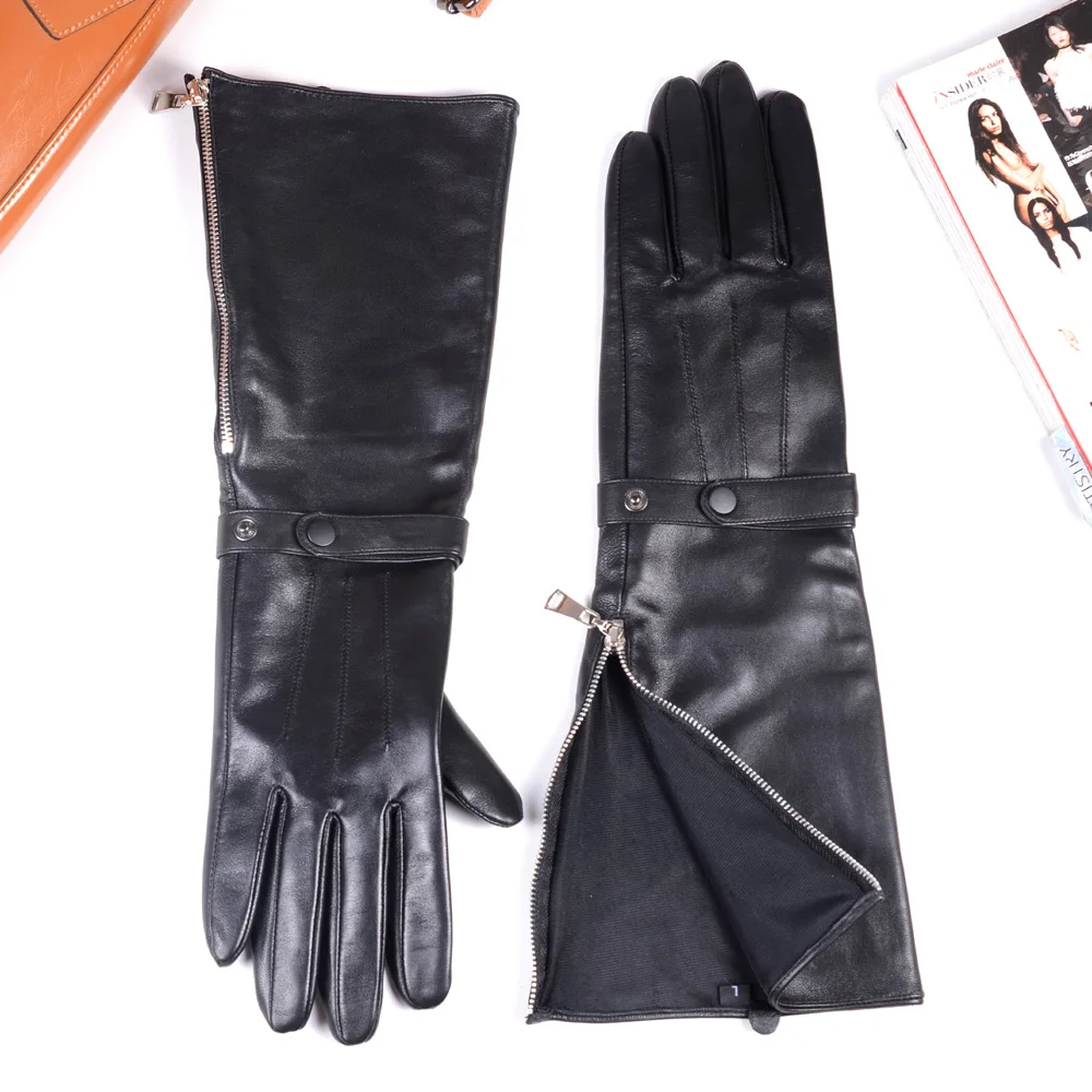 40cm männer Schwarz Schaffell Echt Leder Medieval Renaissance Lange Stulpe Zipper Ritter Gauntlet Ellenbogen Lange Handschuhe