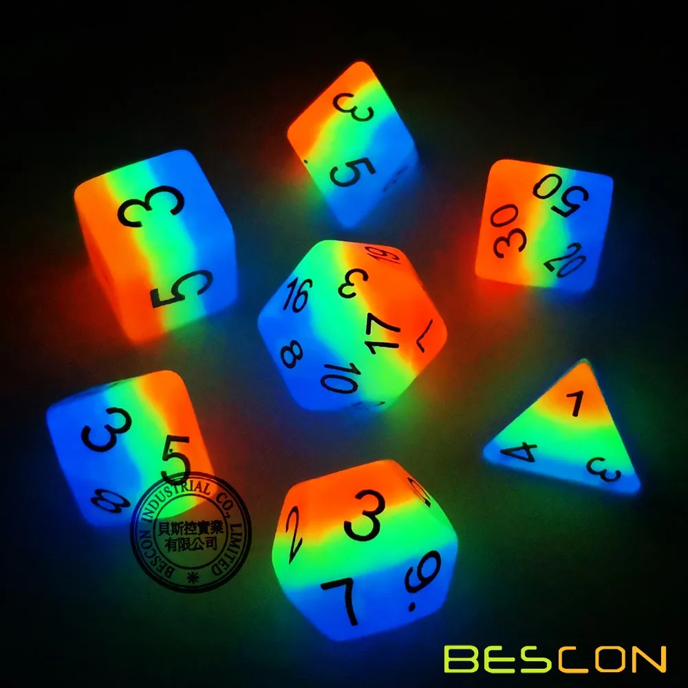 Bescon Glowing Polyhedral Dice 7pcs Set FRENCH KISS, Luminous RPG Dice Glow in Dark, DND Role Playing Game Dice