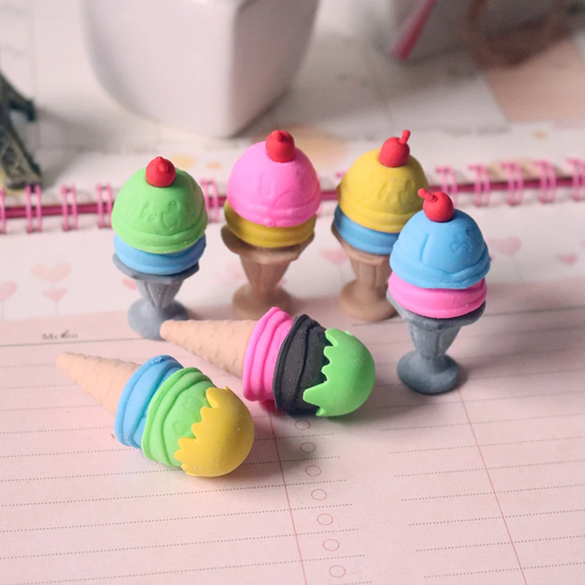 1PC Novelty Ice Cream Erasers Drawing Writing Wiping off Stationery Kids Study Colorful Eraser Decor Pupils Rewards Wholesale