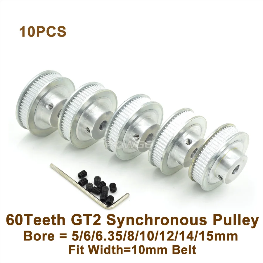 

POWGE 10pcs 60 Teeth 2GT Synchronous Pulley Bore 5-15mm Fit W=10mm GT2 Timing Belt 3D Printer 60T 60Teeth 2GT Pulley