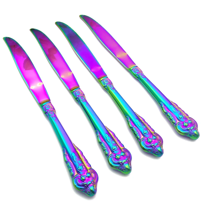 Luxury Rainbow Stainless Steel Knife, Engraving Handle Knives, Electroplate Dinner Tableware, Christmas Cutlery, Dinnerware, 4Pc